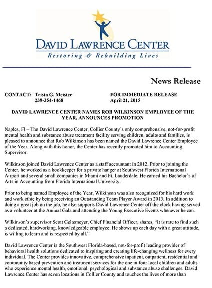 DAVID LAWRENCE CENTER NAMES ROB WILKINSON EMPLOYEE OF THE YEAR, ANNOUNCES PROMOTION