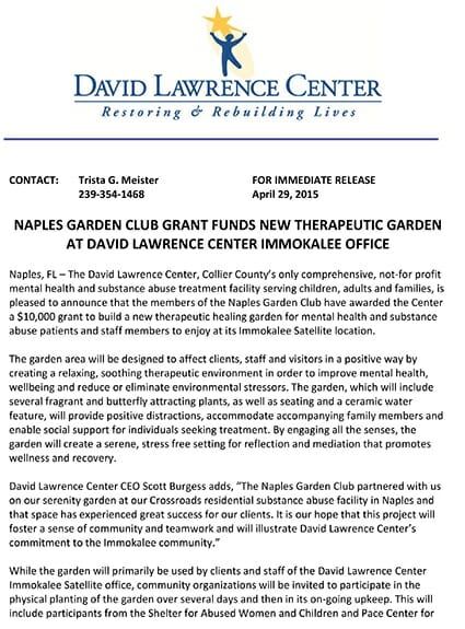 NAPLES GARDEN CLUB GRANT FUNDS NEW THERAPEUTIC GARDEN AT DAVID LAWRENCE CENTER IMMOKALEE OFFICE