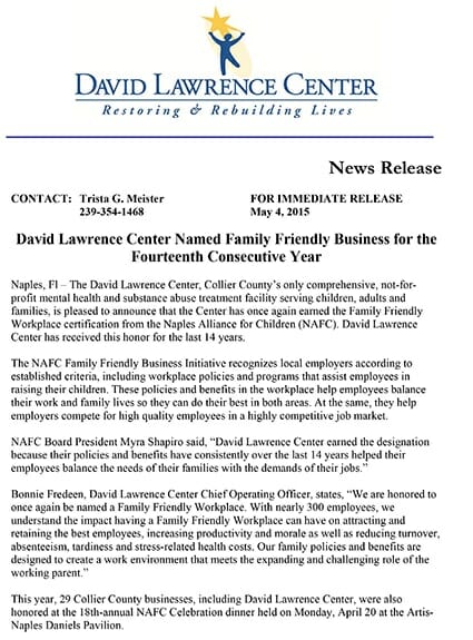 DAVID LAWRENCE CENTER NAMED FAMILY FRIENDLY BUSINESS FOR THE FOURTEENTH CONSECUTIVE YEAR