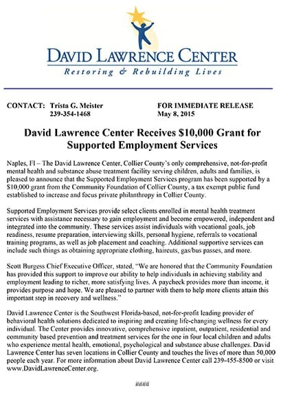 DAVID LAWRENCE CENTER RECEIVES $10,000 GRANT FOR SUPPORTED EMPLOYMENT SERVICES