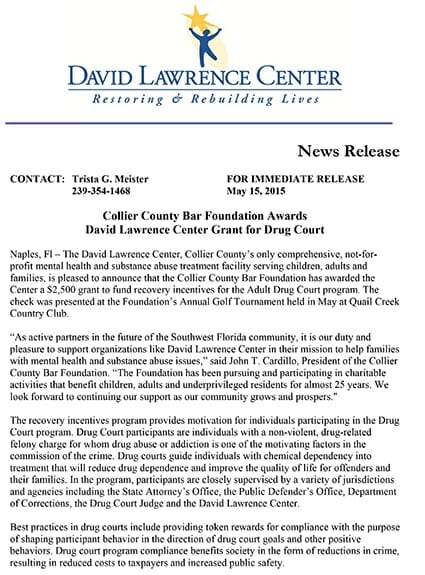 COLLIER COUNTY BAR FOUNDATION AWARDS DAVID LAWRENCE CENTER GRANT FOR DRUG COURT