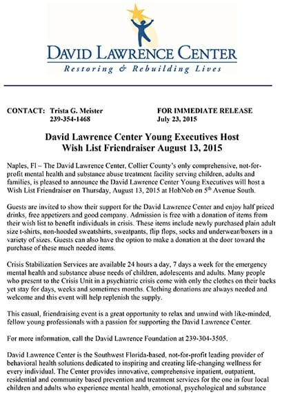 David Lawrence Centers    Young Executives Host Wish List Friendraiser August 13, 2015